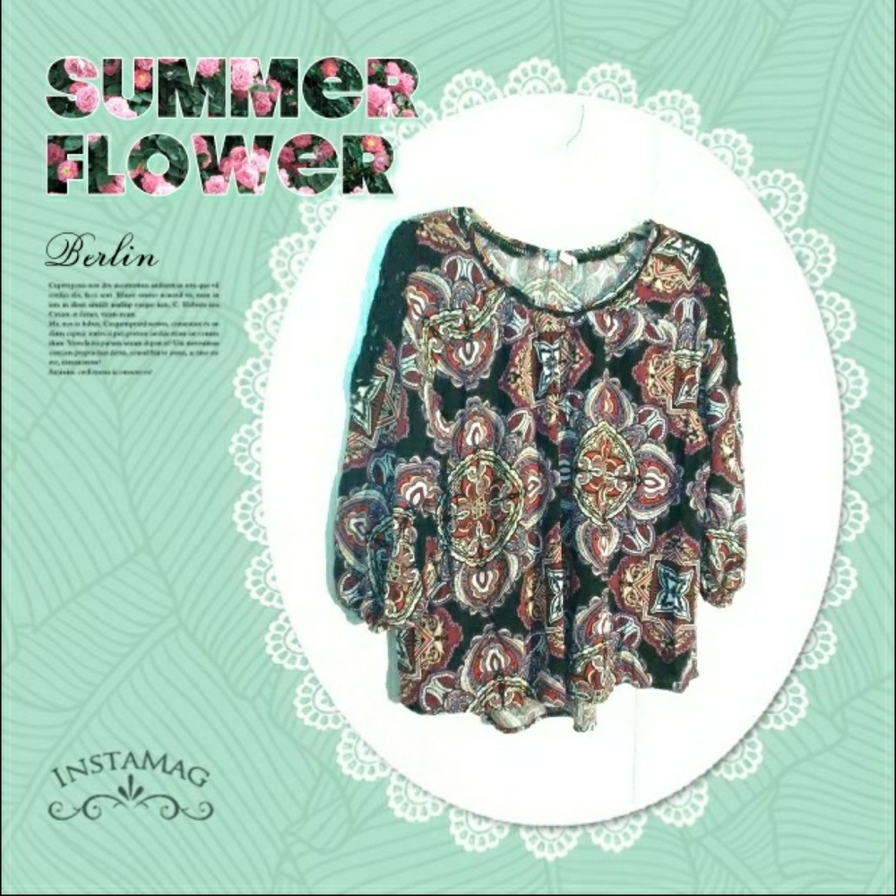 Cato Boho Lacey  Sleeve Top with Elastic Hem on Sleeves